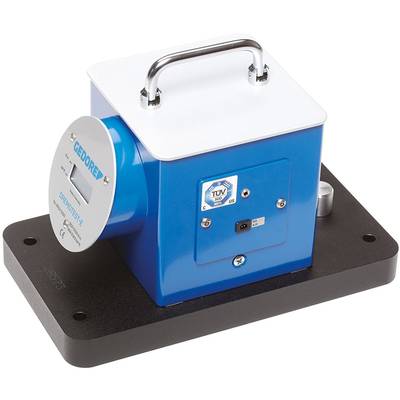 Blue rectangular device by Gedore on a black base with a handle on the top and a verification seal, presumably for measuring.