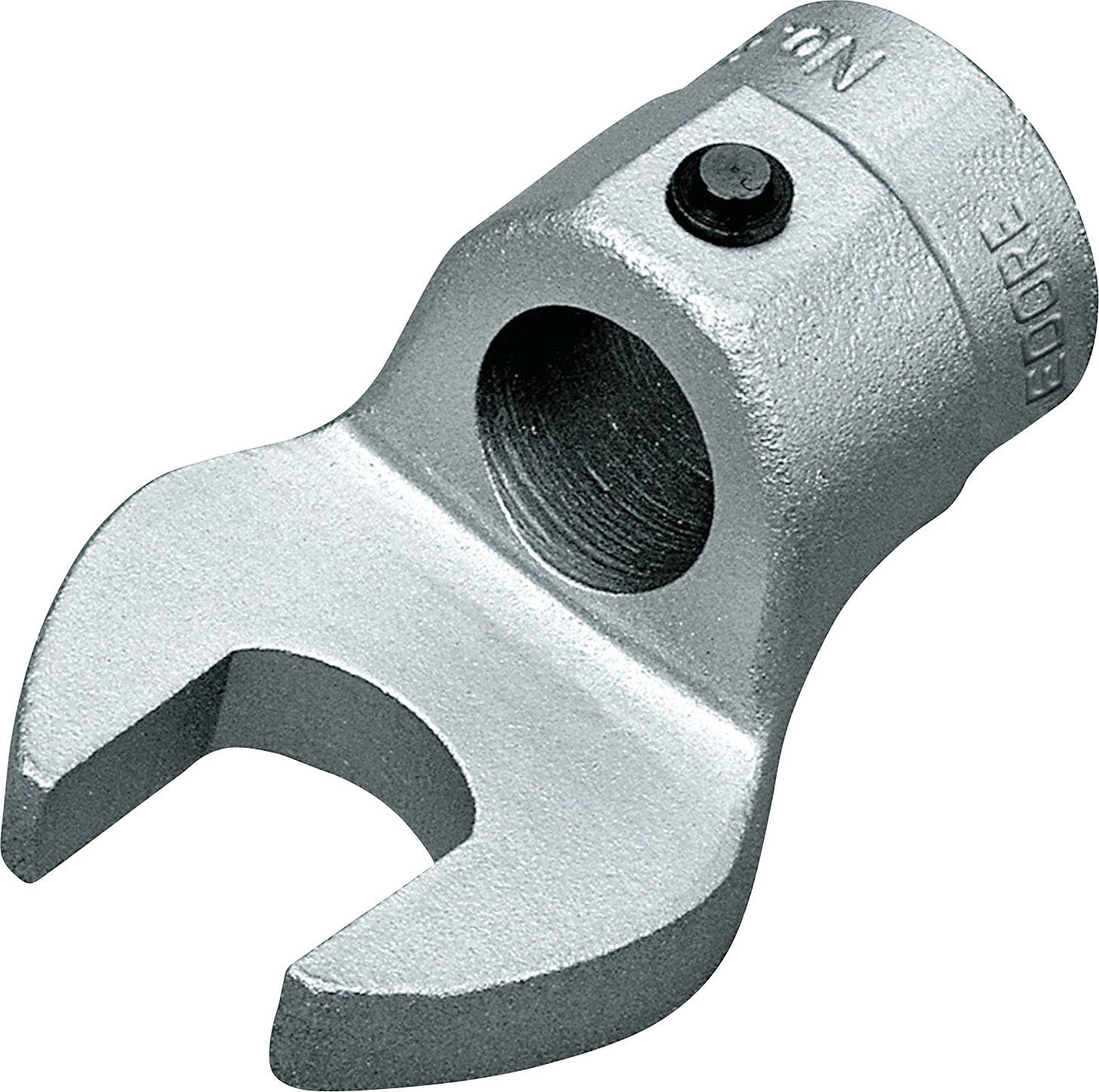 A silver, open-end spanner socket with a cylindrical body for attachment to ratchets or torque wrenches.