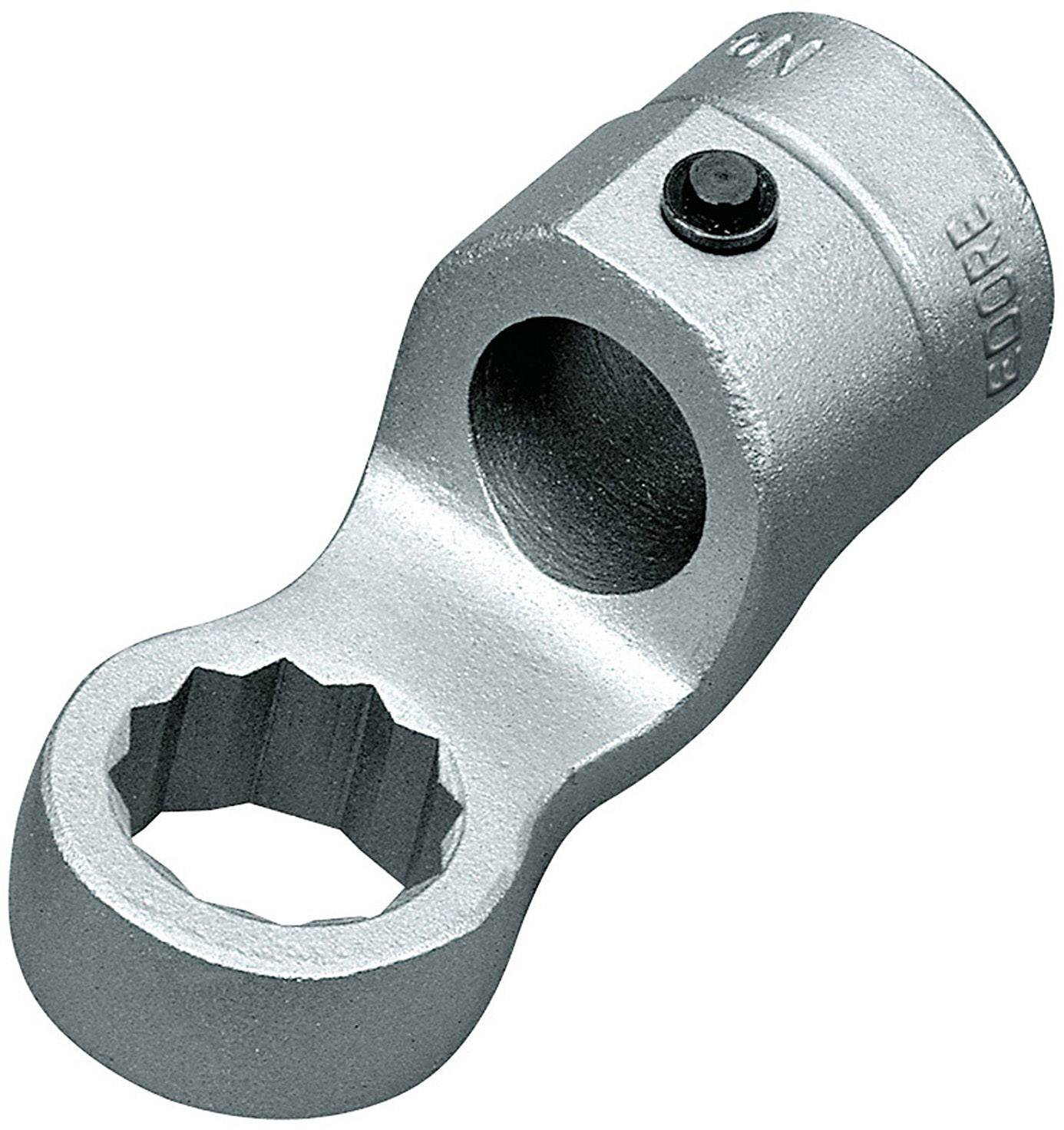 A silver, angled tool attachment with a hexagonal opening, suitable for tightening or loosening nuts or bolts.