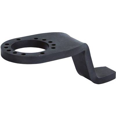 Black metal piece with holes, a curved arm, and a rectangular end, presumably a workpiece or machine component.