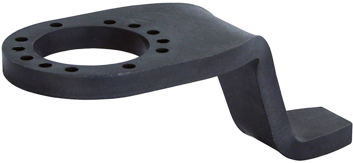 A black metal component with a circular hole pattern on a flat surface, which is bent at an angle.