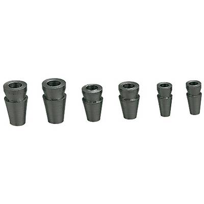 Six conical metal parts arranged from left to right in descending size. They are evenly lined up.