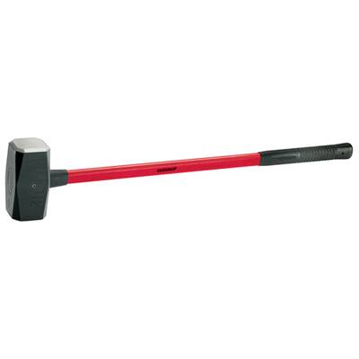 A sledgehammer with a red handle and black head lies on a white background. The hammer is robust and suitable for heavy-duty work.