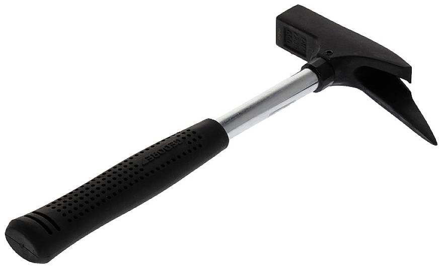 Hammer with a metal shaft and black, rubberised handle. Double-headed: one flat and one pointed side. Used for masonry work or stone dressing.
