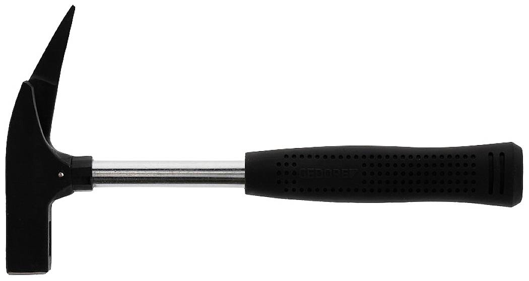 A black blacksmith's hammer with a long metal handle and a rubber-coated grip. The hammer face is flat, with a pointed claw.