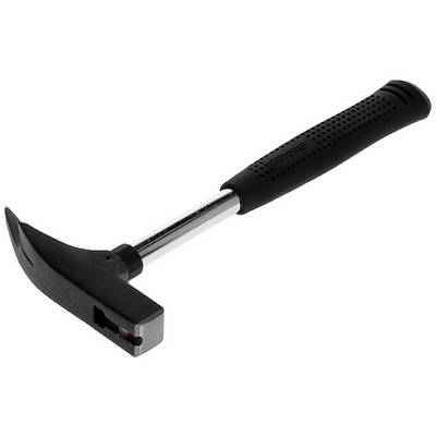 A black blacksmith's hammer with a long handle and a flat nail-pulling head is lying on a white surface.