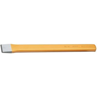 Chisel with yellow handle and silver tip, suitable for cutting metal or stone. Text on the tool is partially legible.