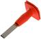 A red tool with a handle and a flat metal end, possibly a tile hammer or chisel, on a white background.