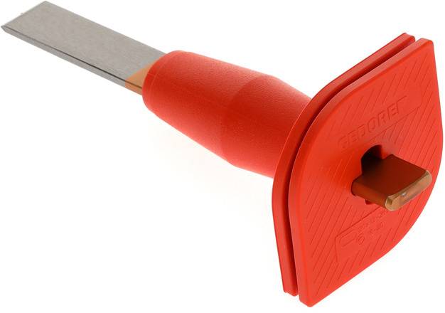 An orange scraper with a handle and rectangular blade, primarily used for cleaning glass or ceramic surfaces.