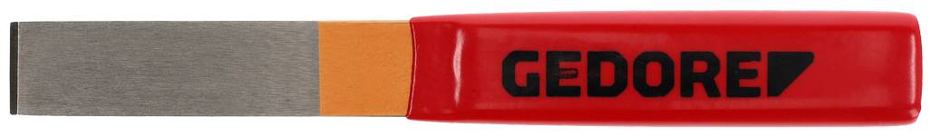 Red plastic-handled scraper with metal blade, 'GEDORE' brand, for surface cleaning and removal tasks.