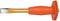 A chisel with an orange handle and a broad, flat blade, suitable for professional construction work.