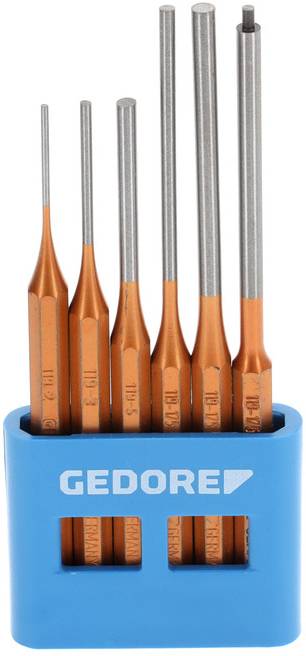 Six-piece set of screwdrivers with orange handles and silver tips, arranged vertically in a blue holder.