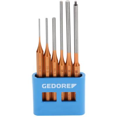 Six-piece set of screwdrivers with orange handles and silver tips, arranged vertically in a blue holder.
