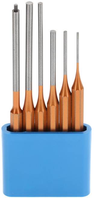 A set of six orange and silver precision screwdrivers in a blue holder, sorted from large to small.