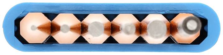 Six sharpened coloured pencils viewed from above in a blue box.