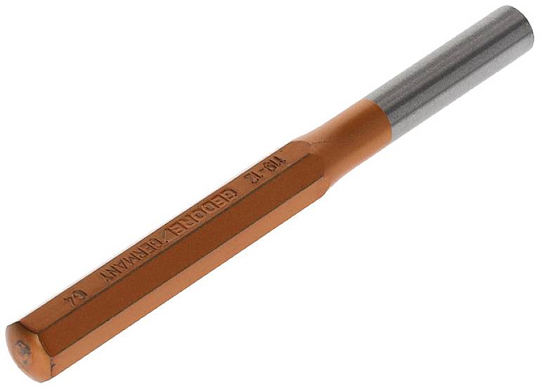An orange pencil extender with a grey metal end, bearing the inscription 'GEODET GERMANY' on the side.