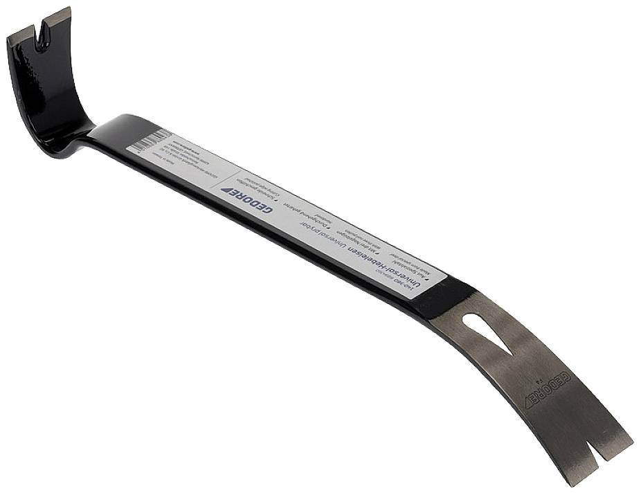 A metal crowbar with a flat end and a curved end. It is frequently used for levering and removing nails.