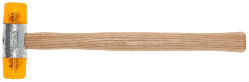 A hammer with a wooden handle and an orange plastic head, suitable for work that should not generate sparks.