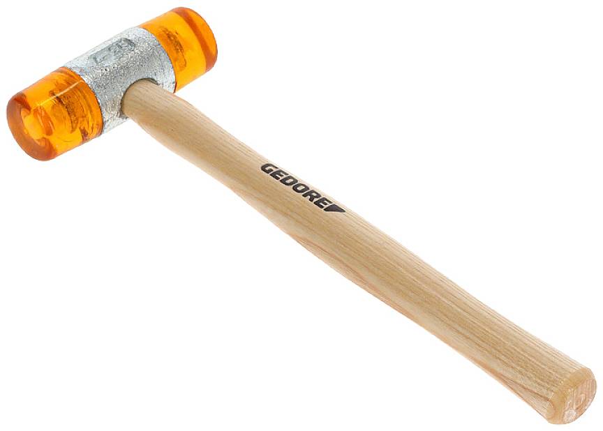 A hammer with a wooden handle and an orange plastic head, suitable for delicate work without metal deformation.
