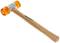 A hammer with an orange, soft head and wooden handle, suitable for working on delicate surfaces without causing damage.
