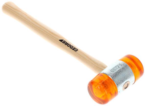 A rubber mallet with a wooden handle and orange head, ideal for delicate work without damaging sensitive surfaces.