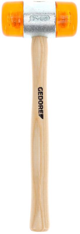 A rubber hammer with an orange head and wooden handle, brand 'GEDORE', suitable for work that does not cause damage to surfaces.