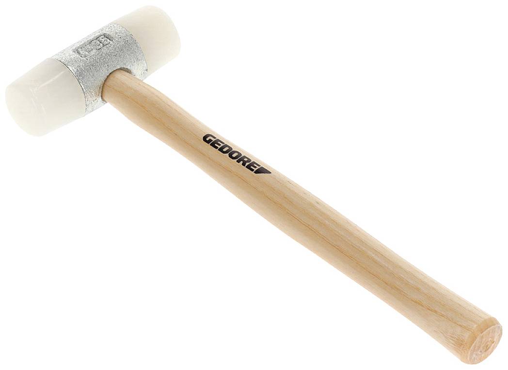 Rubber mallet with a light wooden handle and white, round striking heads. Used for tasks requiring a gentle impact.