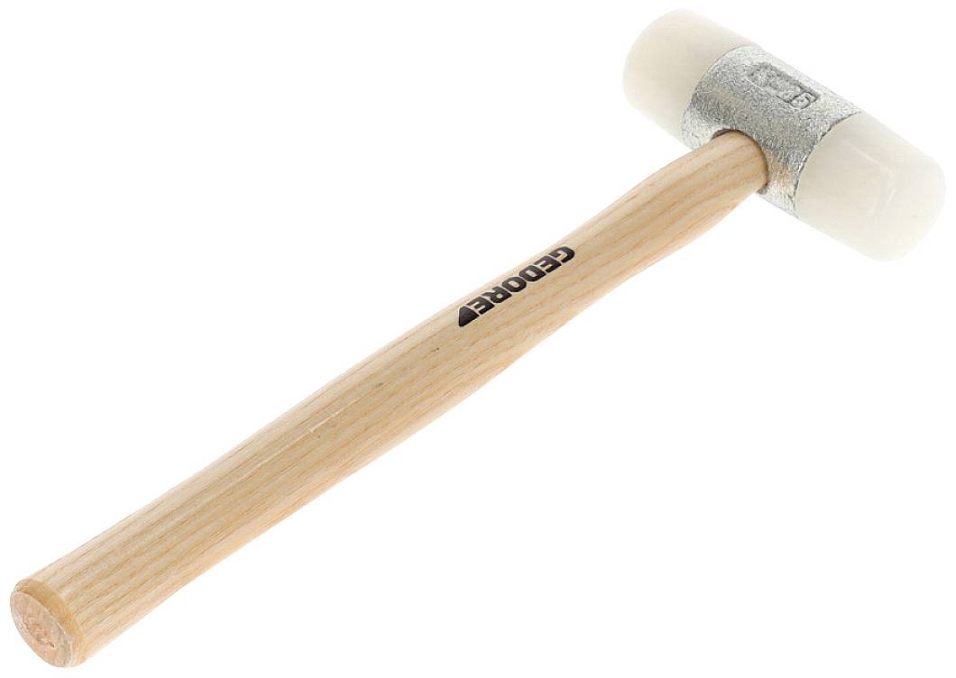 Wooden hammer with a white plastic head and metal mounting, positioned diagonally against a white background. Suitable for gentle strikes without causing damage.