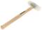 Wooden hammer with a white plastic head and metal mounting, positioned diagonally against a white background. Suitable for gentle strikes without causing damage.