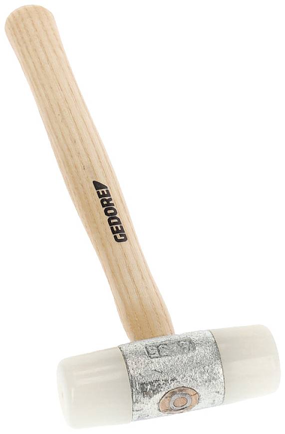 Wooden hammer with white plastic head, marked with 'Gedore', on a light background. Primarily used to protect delicate surfaces.