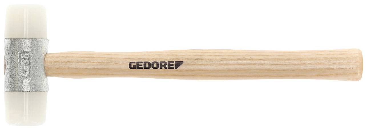 Rubber mallet with wooden handle, metal head, two white plastic striking surfaces, 'GEDORE' brand printed on the handle.