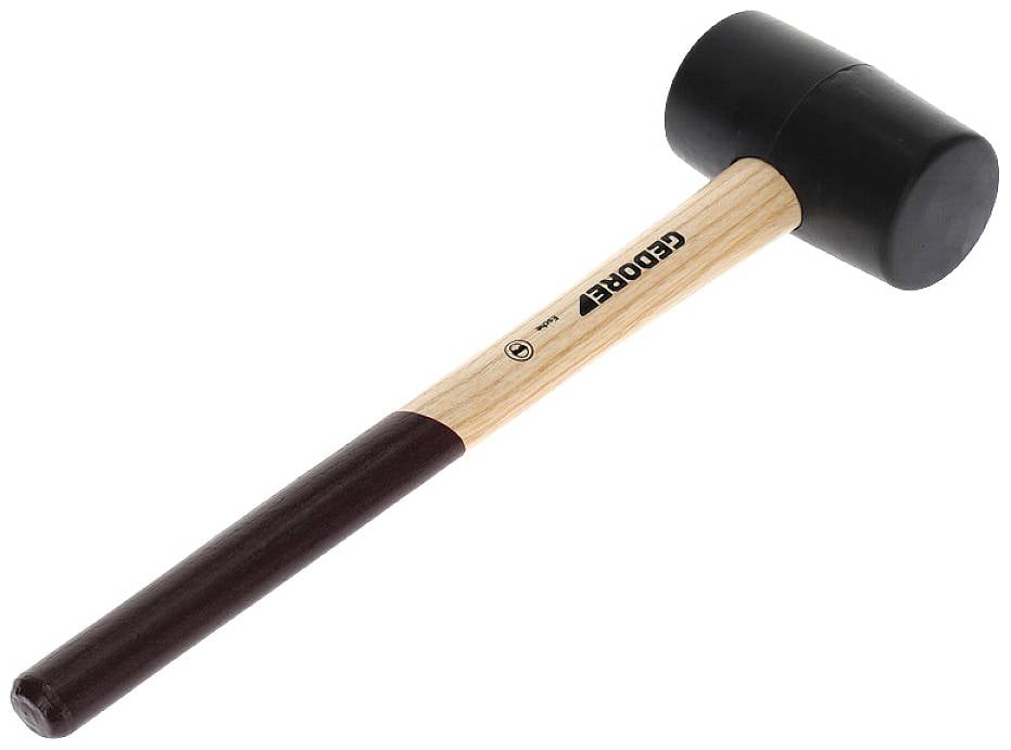 Rubber mallet with a wooden handle and black rubber head, lying on a white background.