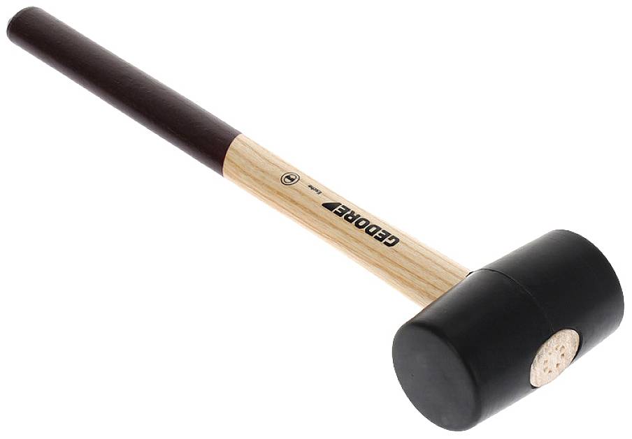 A hammer with a wooden handle and a black plastic head, often used for work that requires protecting delicate surfaces.
