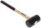A hammer with a wooden handle and a black plastic head, often used for work that requires protecting delicate surfaces.