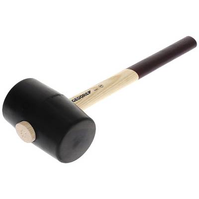 A black rubber mallet with a light brown wooden handle is lying on a white surface. The hammer has a robust design.