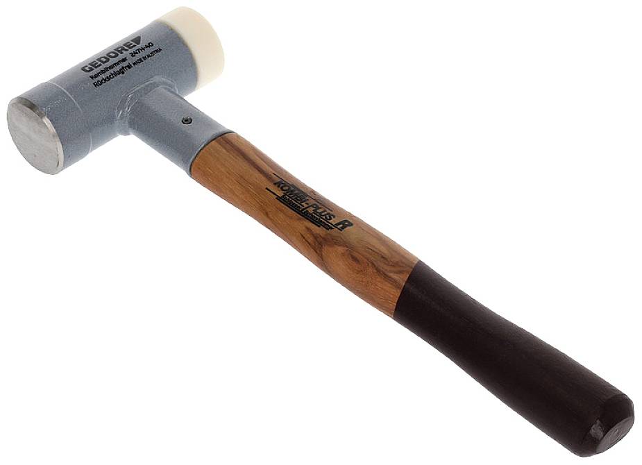 Wooden mallet with metal head and grey protective cover, Gedore brand. Suitable for assembly work to prevent damage to materials.