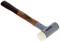 A hammer with a wooden handle and metal head, partly rubber-coated, lies at an angle. Suitable for precise work without causing damage.