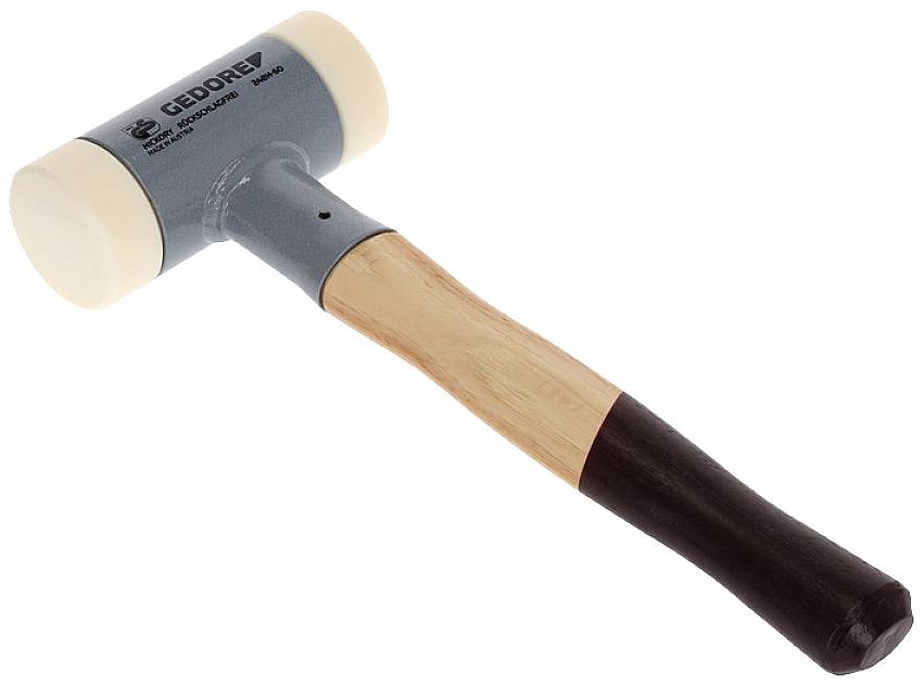 Rubber mallet with a light wooden handle and blue hammer head, suitable for work where surfaces need to be protected.