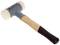 Rubber mallet with a light wooden handle and blue hammer head, suitable for work where surfaces need to be protected.