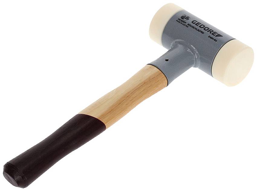 Rubber mallet with a light wooden handle and dark rubber grip at the end, blue head with white plastic and 'GEDORE' branding.