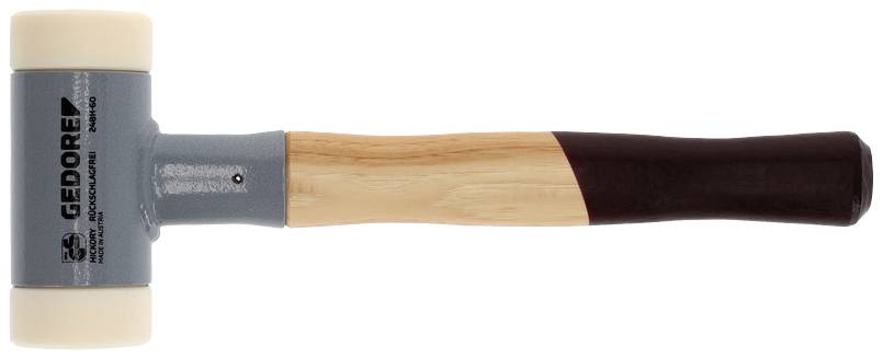 Rubber mallet with a light wooden handle and grey head featuring dampened, white striking surfaces, suitable for delicate work.