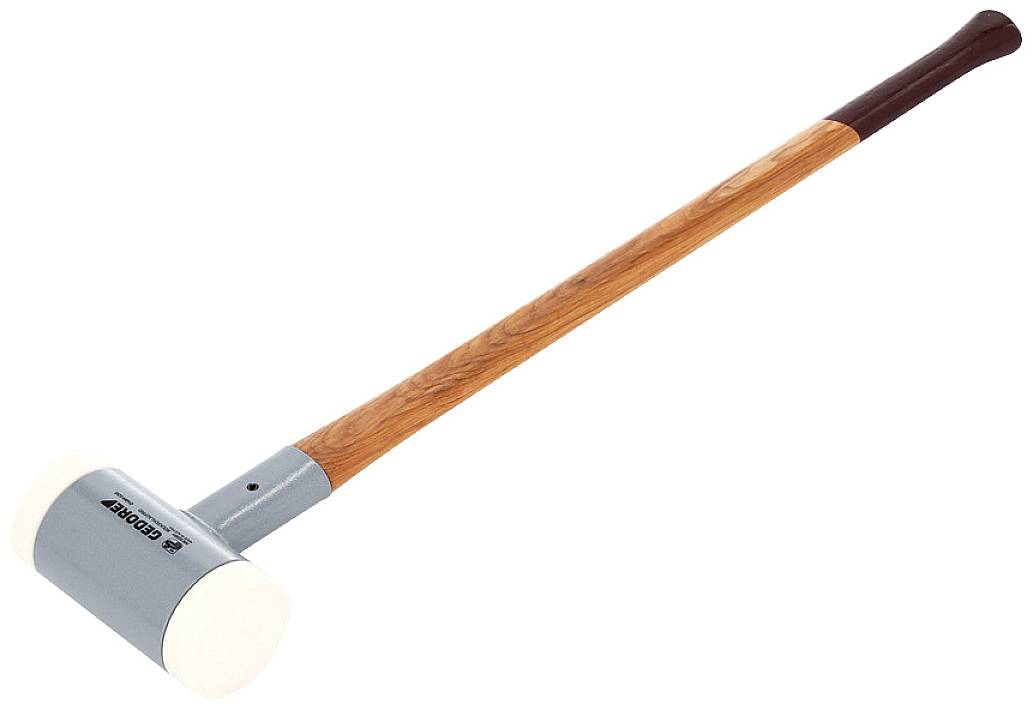 A large, robust rubber mallet with a wooden handle and white head, ideal for careful work on delicate surfaces.