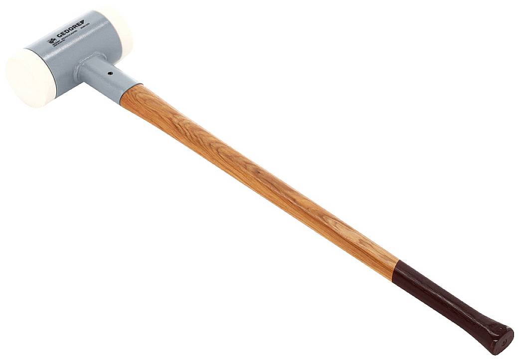 A wooden hammer with a long wooden handle and a white plastic head, ideal for use in tasks that must not generate sparks.