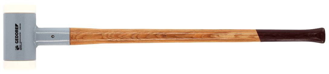 Hammer with a long wooden handle and two white rubber surfaces for striking, suitable for gentle surface treatment.
