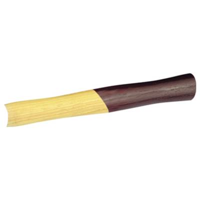 Wooden handle, two-toned: left half light brown, right half dark brown, smooth and slightly curved.