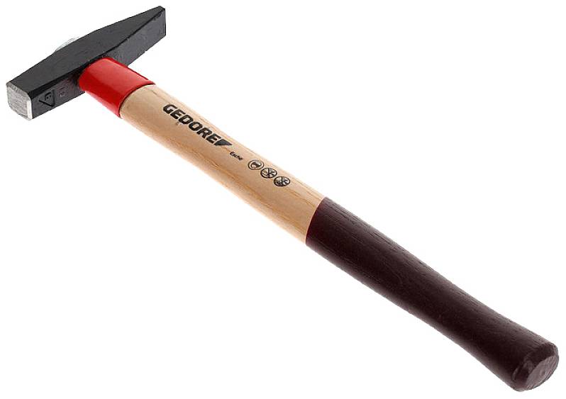 A carpenter's hammer with a wooden handle, black head and red neck. The handle displays the brand and symbols for quality and safety.