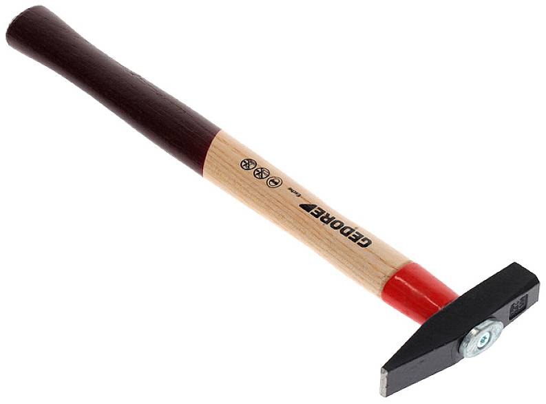 A hammer with a wooden handle and black head, angled upwards to the right. The brand 'GEDORE' is printed on the handle.