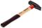 A hammer with a wooden handle and black head rests on a white background. Suitable for hammering nails or other general tasks.