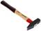 A black hammer with a wooden handle and red paint ring lies on a white background.