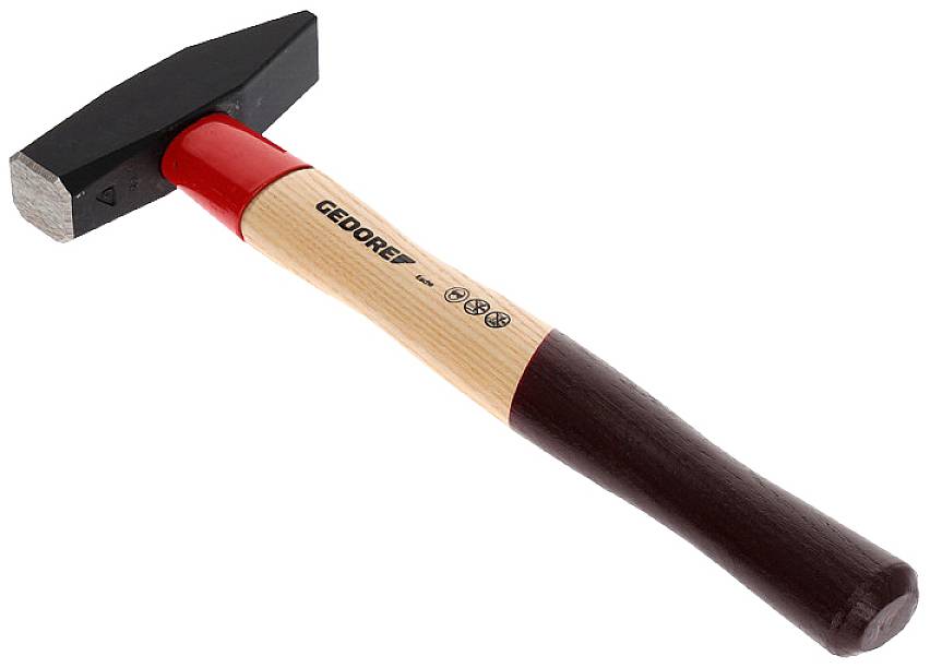 A hammer with a red handle and a black head. The wooden handle is marked with 'Gedore'.